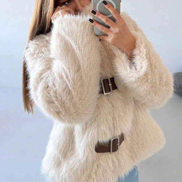 Apricot Casual Women's Stand Collar Fitted Long Sleeve Fluffy Button Jacket - Picture 6 of 9